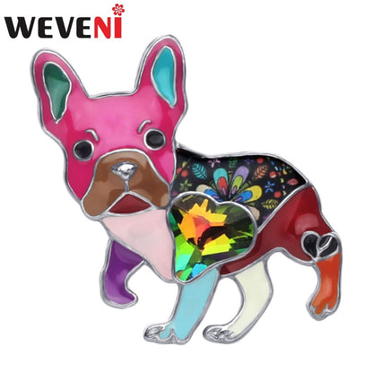 WEVENI Alloy Enamel Rhinestone French Bulldog Pug Dog Brooches Jewelry For Women and Girls