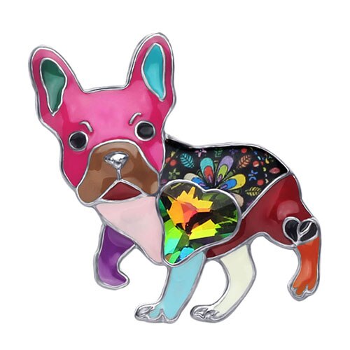 WEVENI Alloy Enamel Rhinestone French Bulldog Pug Dog Brooches Jewelry For Women and Girls