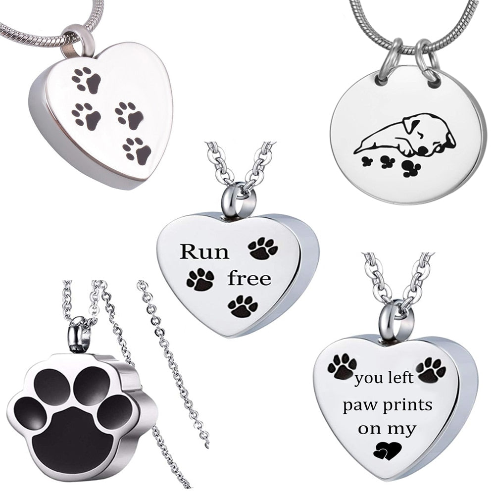 Unisex Stainless Steel Pet Dog or Cat Jewelry Paw Print Cremation Jewelry Ashes Holder Pet Memorial Urn Necklace For Memory
