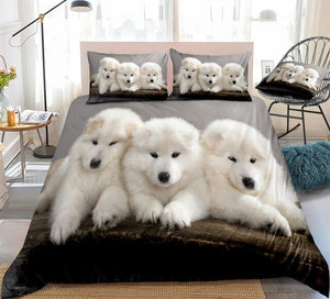 3D Samoyed Dogs Duvet Cover White Samoyed Bedding 3 Pcs (Queen)