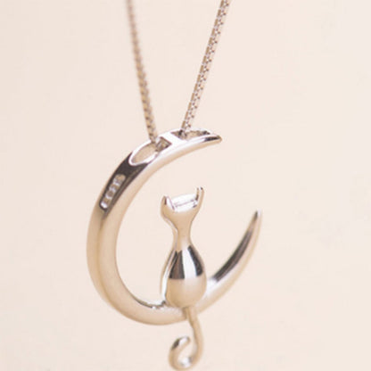 Fashion Cute Animal Cat Moon Pendant Necklace Charm Gold Silver Color Box Chain Necklace Kitten Lucky Jewelry