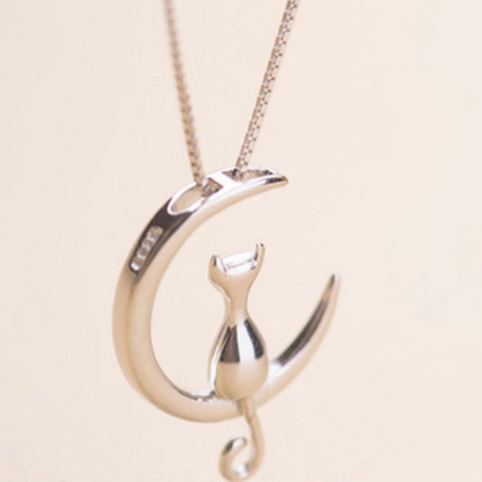 Fashion Cute Animal Cat Moon Pendant Necklace Charm Gold Silver Color Box Chain Necklace Kitten Lucky Jewelry