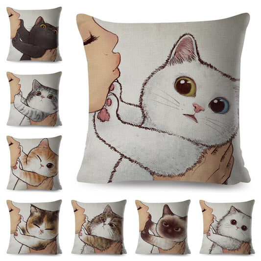 Funny Love Kiss Cute Cat Pillows Cases for Sofa Home Car Cushion Cover Pillow Covers Decor Cartoon Linen Pillowcase 45x45cm