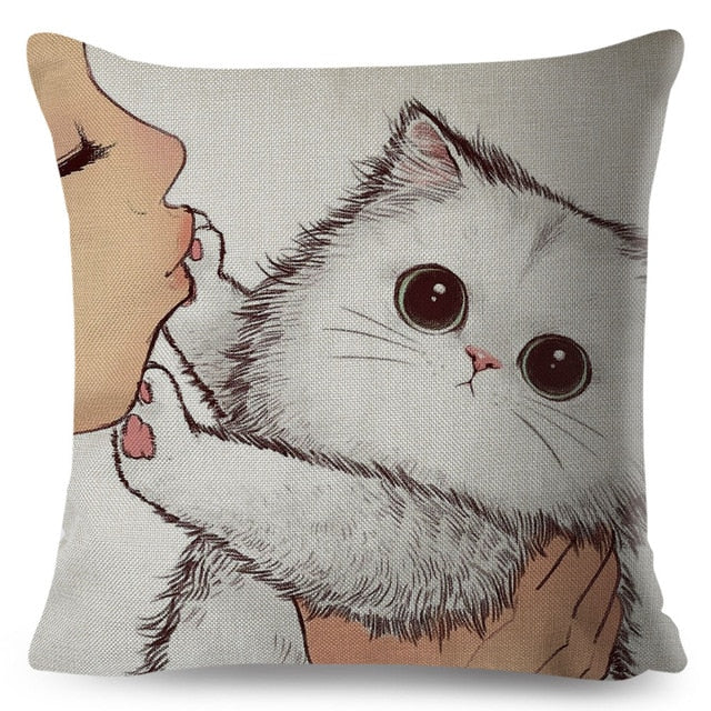 Funny Love Kiss Cute Cat Pillows Cases for Sofa Home Car Cushion Cover Pillow Covers Decor Cartoon Linen Pillowcase 45x45cm