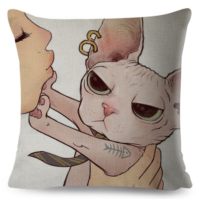 Funny Love Kiss Cute Cat Pillows Cases for Sofa Home Car Cushion Cover Pillow Covers Decor Cartoon Linen Pillowcase 45x45cm