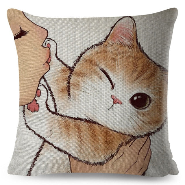 Funny Love Kiss Cute Cat Pillows Cases for Sofa Home Car Cushion Cover Pillow Covers Decor Cartoon Linen Pillowcase 45x45cm