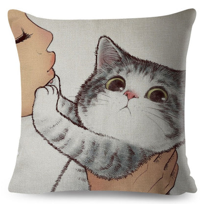 Funny Love Kiss Cute Cat Pillows Cases for Sofa Home Car Cushion Cover Pillow Covers Decor Cartoon Linen Pillowcase 45x45cm