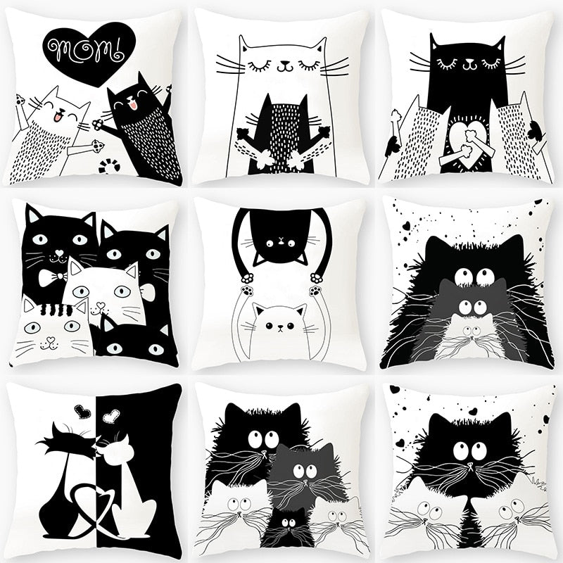 Black & White Cat Sofa Decorative Cushion Cover Pillow Pillowcase (Polyester) Home Decor