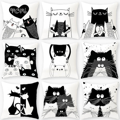 Black & White Cat Sofa Decorative Cushion Cover Pillow Pillowcase (Polyester) Home Decor