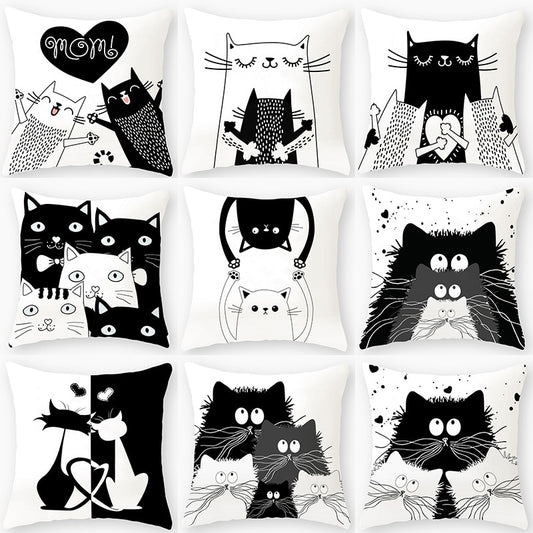Black & White Cat Sofa Decorative Cushion Cover Pillow Pillowcase (Polyester) Home Decor