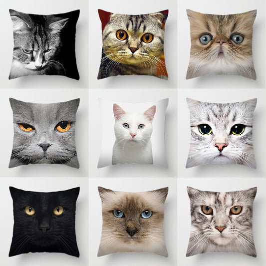 Cute Pet Cat Face Decorative Animal Cushion Cover Sofa Vintage Black and White Home Couch Pillows Case Living Room Decoration
