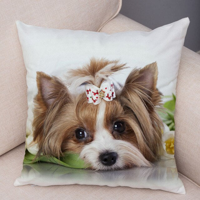 Cute Animal Cushion Cover MINI Yorkshire Dog Soft Plush Pillowcase Decor