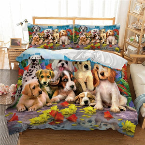 Dogs Printed Duvet Cover (Queen, Super King) Animal Bedding Set with Pillowcases