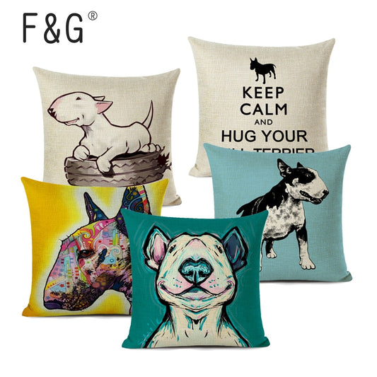 Decorative Bull Terrier Cushion Cover Cute Dog Printed Linen Pillows 45x45cm (Home Decor)