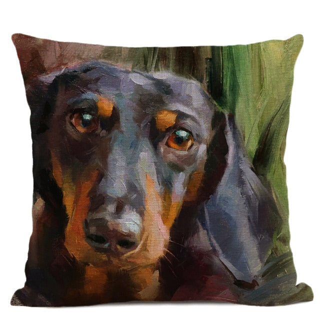 Hand-Painted Dog Decorative Pillow Cover Cute Bulldog Linen Pillowcase