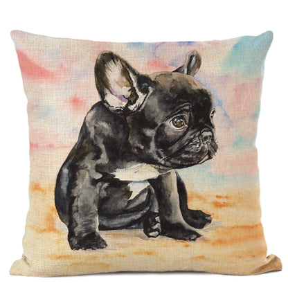 Hand-Painted Dog Decorative Pillow Cover Cute Bulldog Linen Pillowcase