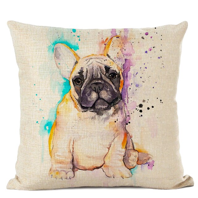 Hand-Painted Dog Decorative Pillow Cover Cute Bulldog Linen Pillowcase