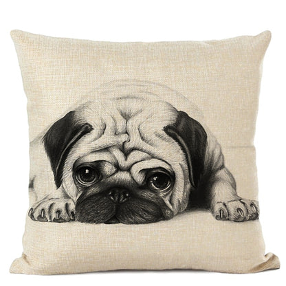 Hand-Painted Dog Decorative Pillow Cover Cute Bulldog Linen Pillowcase