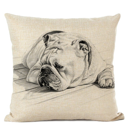 Hand-Painted Dog Decorative Pillow Cover Cute Bulldog Linen Pillowcase