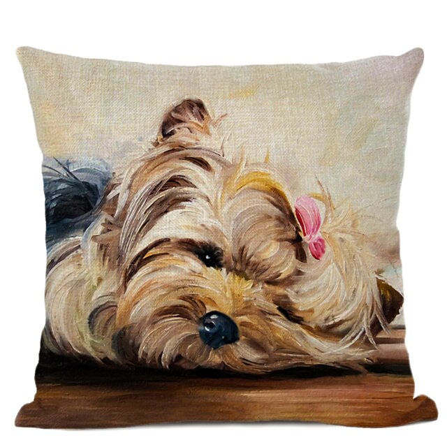 Hand-Painted Dog Decorative Pillow Cover Cute Bulldog Linen Pillowcase