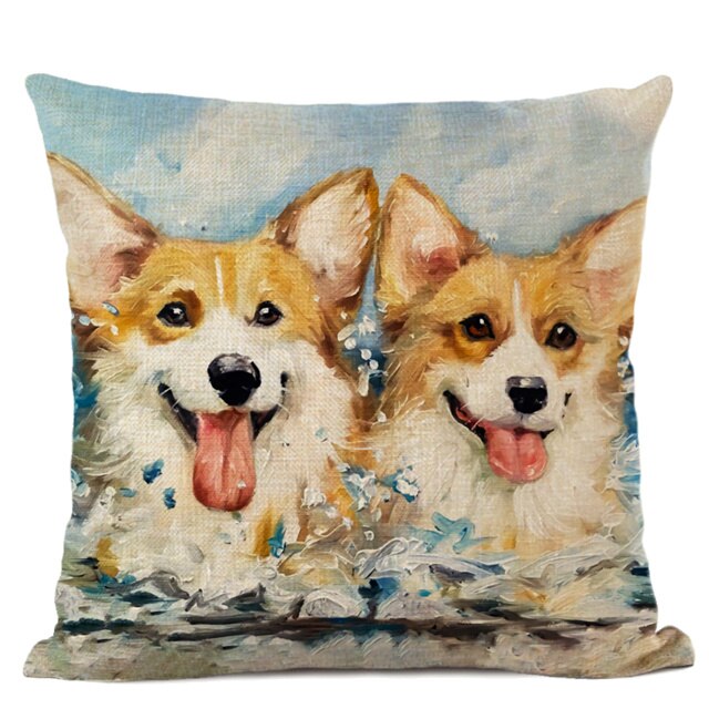 Hand-Painted Dog Decorative Pillow Cover Cute Bulldog Linen Pillowcase