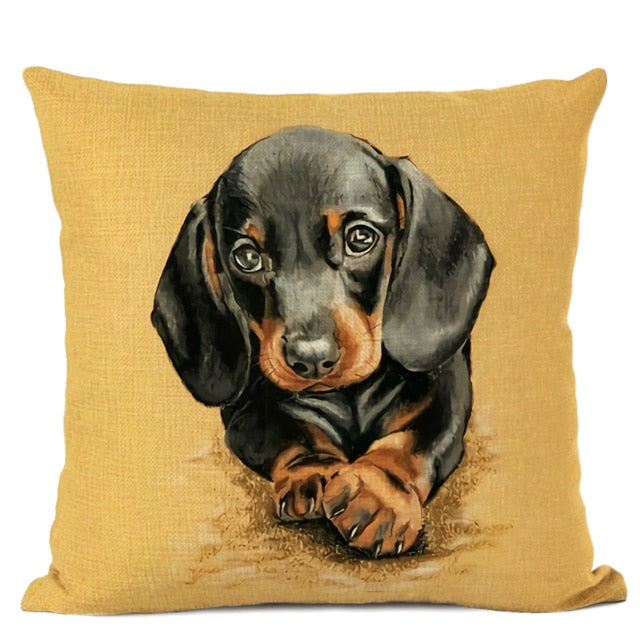 Hand-Painted Dog Decorative Pillow Cover Cute Bulldog Linen Pillowcase
