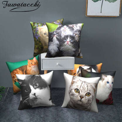 Fuwatacchi Cute Cats Pillowcases Anilmals Pattern Throw Pillow Covers for Home Sofa Polyester Decorative  Cushion Cover 45*45cm