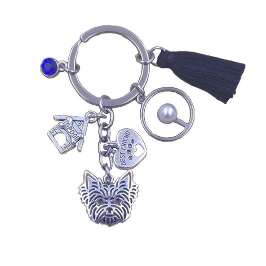 Yorkshire Terrier Dog Animal Ethnic Handmade Keychain Key Ring Pet Tassels Vintage Silver Color