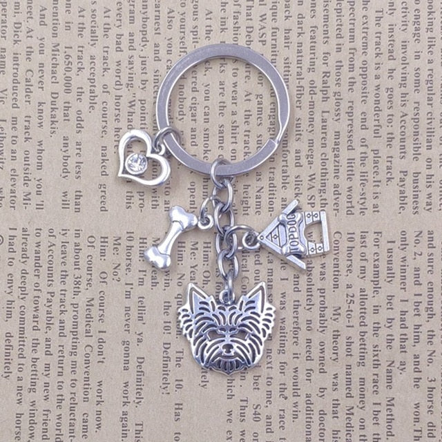 Yorkshire Terrier Dog Animal Ethnic Handmade Keychain Key Ring Pet Tassels Vintage Silver Color