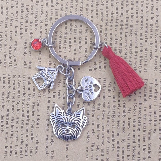 Yorkshire Terrier Dog Animal Ethnic Handmade Keychain Key Ring Pet Tassels Vintage Silver Color