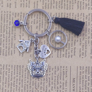 Yorkshire Terrier Dog Animal Ethnic Handmade Keychain Key Ring Pet Tassels Vintage Silver Color