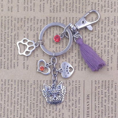 Yorkshire Terrier Dog Animal Ethnic Handmade Keychain Key Ring Pet Tassels Vintage Silver Color