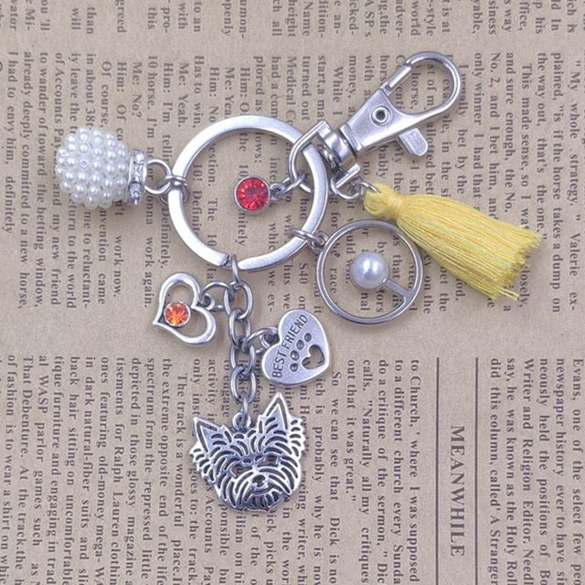 Yorkshire Terrier Dog Animal Ethnic Handmade Keychain Key Ring Pet Tassels Vintage Silver Color