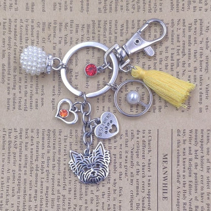 Yorkshire Terrier Dog Animal Ethnic Handmade Keychain Key Ring Pet Tassels Vintage Silver Color