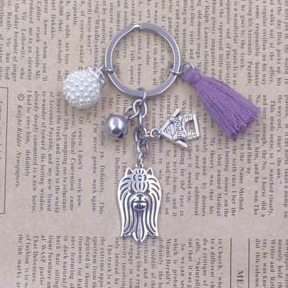 Yorkshire Terrier Dog Animal Ethnic Handmade Keychain Key Ring Pet Tassels Vintage Silver Color