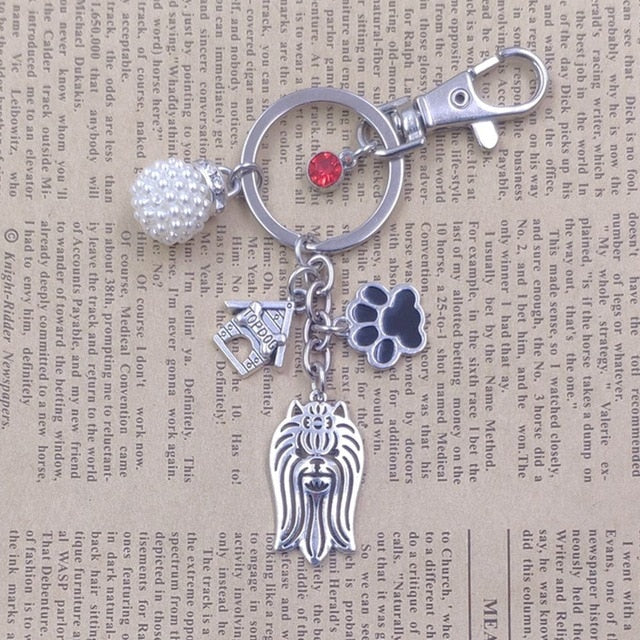 Yorkshire Terrier Dog Animal Ethnic Handmade Keychain Key Ring Pet Tassels Vintage Silver Color