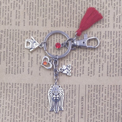 Yorkshire Terrier Dog Animal Ethnic Handmade Keychain Key Ring Pet Tassels Vintage Silver Color
