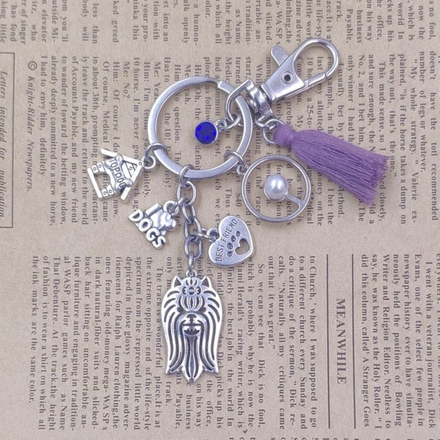 Yorkshire Terrier Dog Animal Ethnic Handmade Keychain Key Ring Pet Tassels Vintage Silver Color