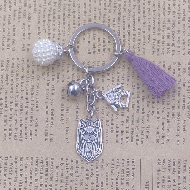 Yorkshire Terrier Dog Animal Ethnic Handmade Keychain Key Ring Pet Tassels Vintage Silver Color