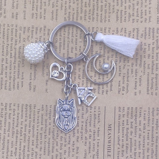 Yorkshire Terrier Dog Animal Ethnic Handmade Keychain Key Ring Pet Tassels Vintage Silver Color