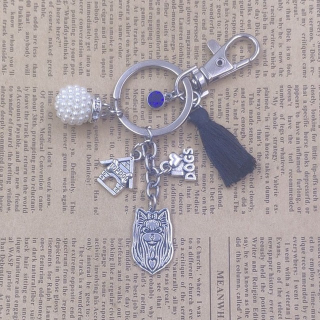 Yorkshire Terrier Dog Animal Ethnic Handmade Keychain Key Ring Pet Tassels Vintage Silver Color