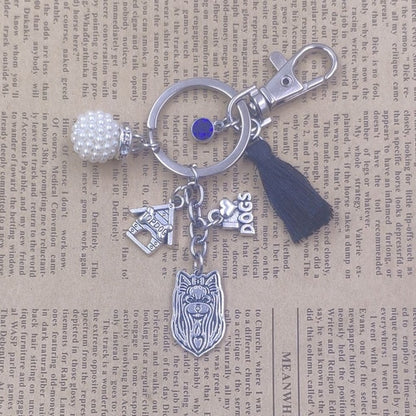 Yorkshire Terrier Dog Animal Ethnic Handmade Keychain Key Ring Pet Tassels Vintage Silver Color