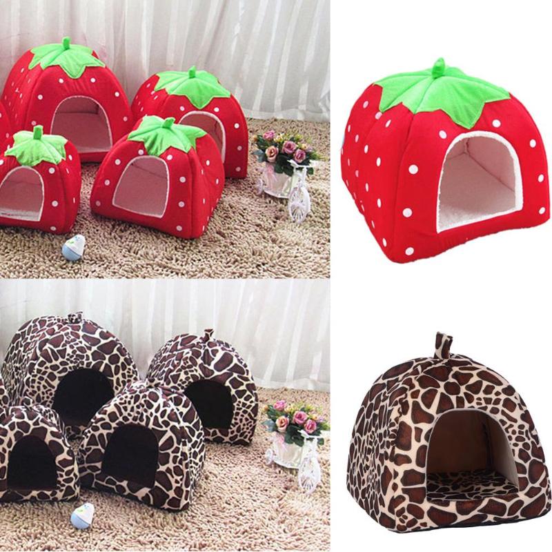 Soft Strawberry Leopard Pet Dog and Cat House Tent Kennel Doggy Warm Cushion Basket Bed Cave