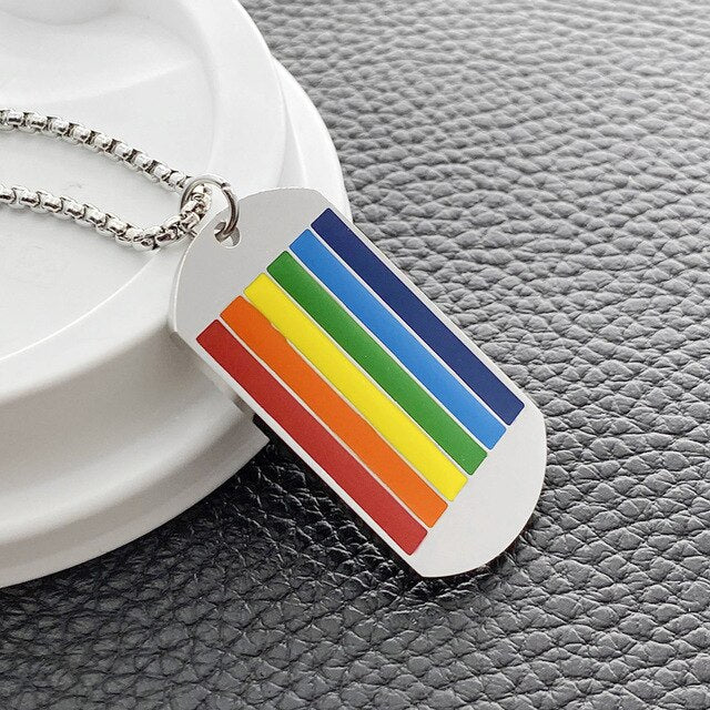 Colorful Pride Rainbow Dog Tag and Chain Stainless Steel Pendents Necklace Big Spacers Jewelry