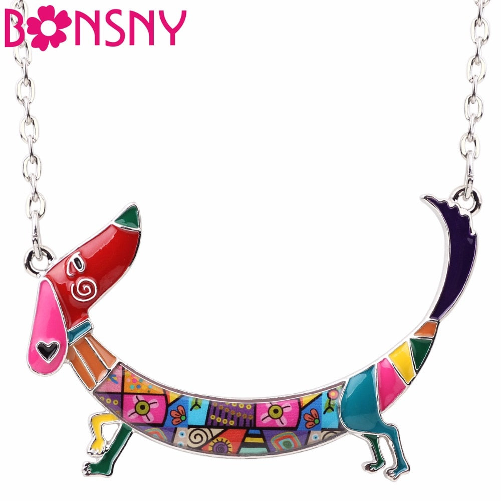 Bonsny Statement Maxi Metal Chain Enamel Choker Dachshund Dog Necklace Pendant
