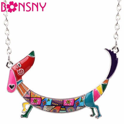 Bonsny Statement Maxi Metal Chain Enamel Choker Dachshund Dog Necklace Pendant